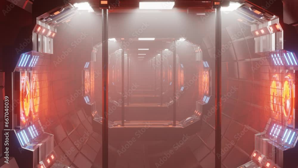 Poster camera movement through a sci-fi futuristic tunnel with lighting and fans. looping abstract animatio
