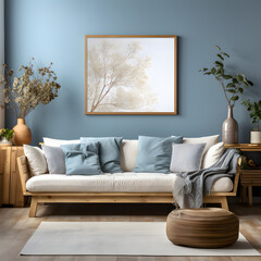 Rustic sofa with white and blue pillows against wall with big blank mock up poster frame. Scandinavian home interior design of modern living room