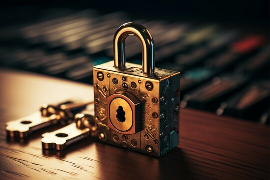Padlock symbolizing digital security, positioned in front of a computer