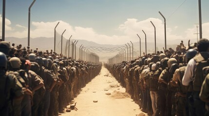 Border of two countries with barbed wire and military - obrazy, fototapety, plakaty