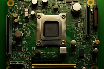 Top down view of a Bradesko GPU board with a vibrant green frame