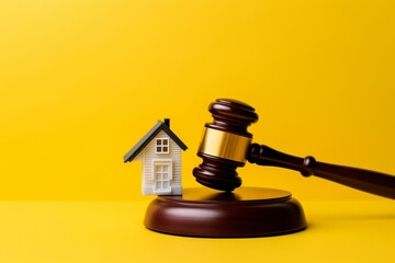 House and judge gavel on yellow background, representing building legislation, housing transactions, lease contracts, property division, home confiscation. Copy space available. Generative AI