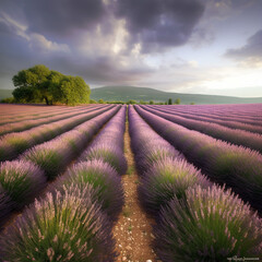 Beautiful fields of Lavender. France, modern agriculture. Beautiful sky. Background.