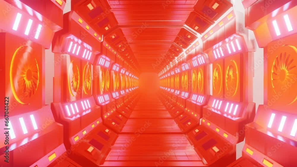 Poster camera movement through a sci-fi futuristic tunnel illuminated in red light. looping abstract animat