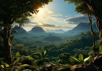 Beautiful green amazon forest landscape at sunset sunrise