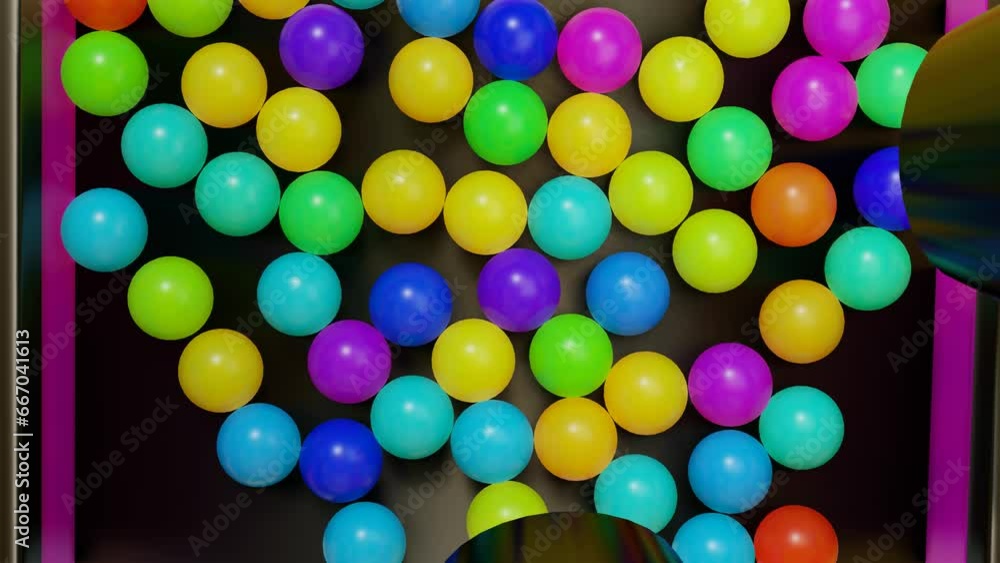 Poster multi-colored plastic balls fall into and out of the box. abstract animation. 3d render