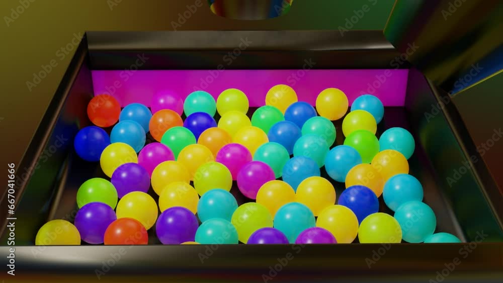 Poster multi-colored plastic balls fall into and out of the box. abstract animation. 3d render