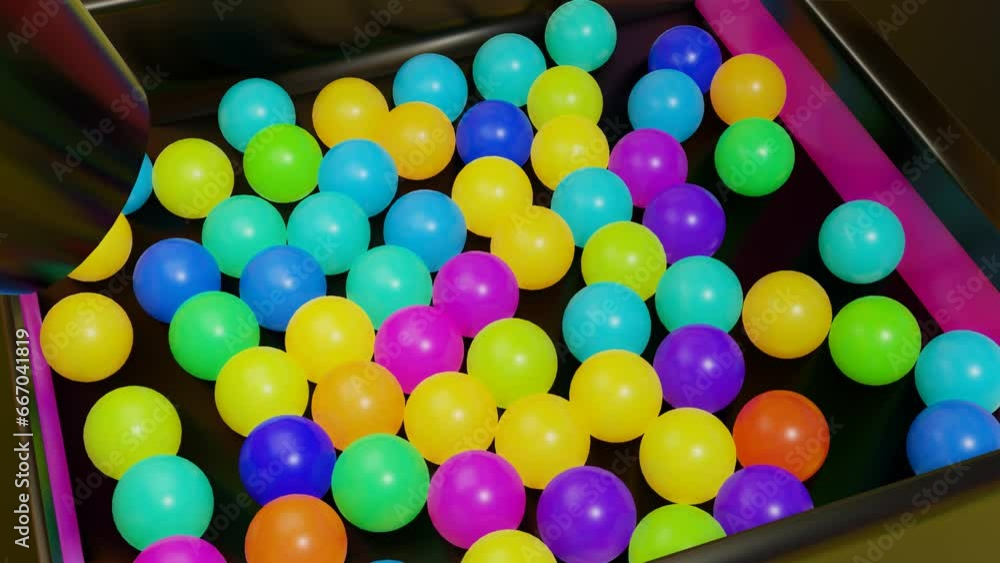 Poster multi-colored plastic balls fall into and out of the box. abstract animation. 3d render
