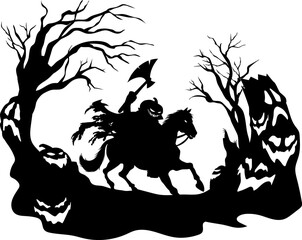 Headless Horseman Silhouette Running Axe And Jack's Lantern Pumpkin Head. Vector Hand Drawn Illustration Isolated On Transparent Background