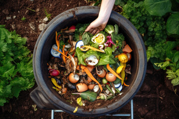 Person composting food waste in backyard compost bin garden