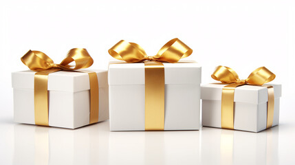 Obraz na płótnie Canvas Luminous Presentation of 3D Gift Boxes Golden Bows and Ribbons Perfect for Birthday Surprises