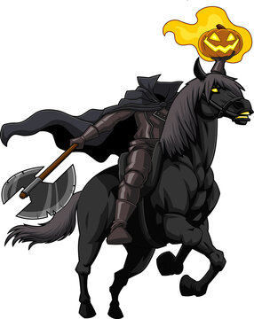 Headless Horseman Cartoon Character Running Axe And Jack's Lantern Pumpkin Head. Vector Hand Drawn Illustration Isolated On Transparent Background