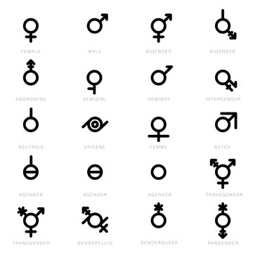 Gender Diversity Monochrome Icons Set. Black gender icons. Representation of people of different genders
