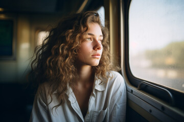 Portrait of young female tourist traveling by train, She is sitting at the seat next to the window and looking outside at the view through the window
