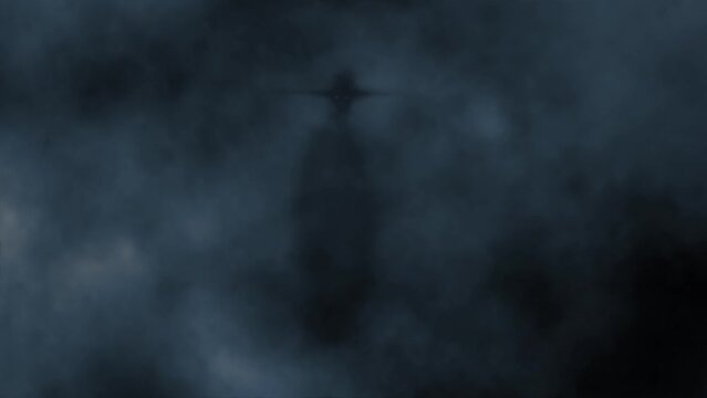 Gloomy demonic character in raincoat and big hat. Dark 2d animation. Scary man silhouette in fog. Halloween ghost video clip. Spooky visions of hell. Horror fantasy movie. Blue and black background.