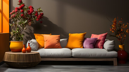 home interior design of modern living room. Cozy sofa with multicolored pillow and houseplants against brown wall