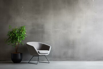 Contemporary interior, minimalistic, gray armchair, cement wall background. Generative AI
