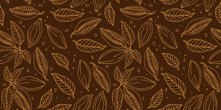 Brown Seamless pattern with Cocoa beans. Hand drawn Doodle sketch. Repeated background for textile, paper, wallpaper. Fruit, leaf and bean seamless pattern. Chocolate cocoa beans background.
