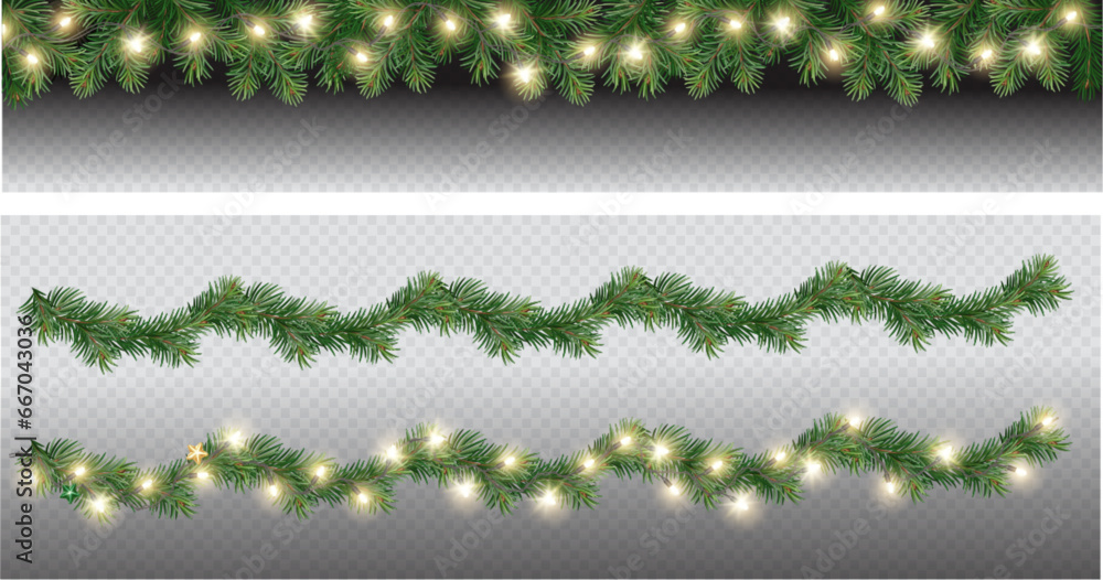 Wall mural vector border with green fir branches and with festive decoration elements on transparent background