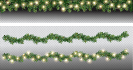 Vector border with green fir branches and with festive decoration elements on transparent background. Christmas tree garland with fir branches and lights. - 667043036