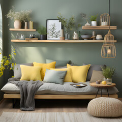 home interior design of modern living room. Rattan sofa with mint cushions and yellow pillows against green wall with wooden shelf