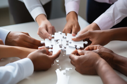 Business hands, puzzle and group of people for solution, teamwork and goals, integration and success. Team building, synergy and collaboration