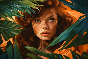 Portrait of young and beautiful woman in tropical leaves