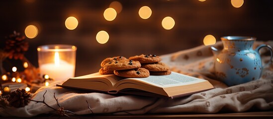 Hygge ambiance at home assortment of cookies vintage books glasses hot drink candle and fairy lights