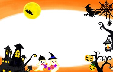 白バックに可愛いお化けやお城のハロウィンの背景イラスト