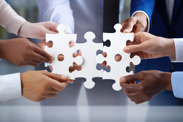 Business hands, puzzle and group of people for solution, teamwork and goals, integration and success. Team building, synergy and collaboration