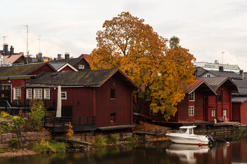 Fototapeta premium Porvoo, Finland. Old wooden red houses in old town of Porvoo