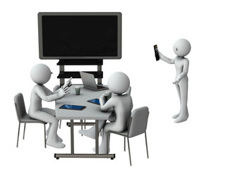 大型ディスプレイを使ってプレゼンするビジネスマン。