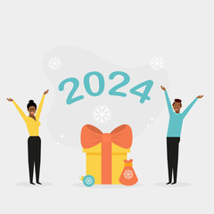 People characters stand near a large Christmas gift, celebrating the New Year holidays 2024. Winter holidays celebration concept. Flat vector illustration.
