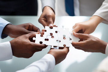 Business hands, puzzle and group of people for solution, teamwork and goals, integration and success. Team building, synergy and collaboration