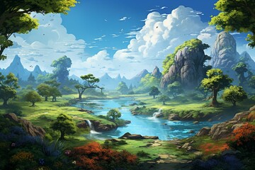 Scenic nature artwork featuring rivers, trees, and sky. Generative AI