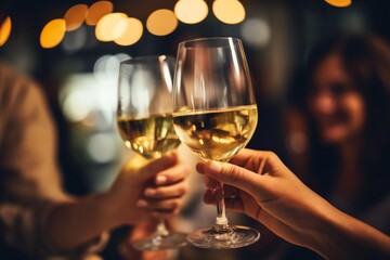 Cheers with White Wine: Friends Toasting at Dinner Party