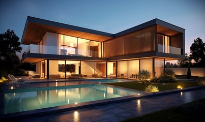 Modern and minimal luxury house in the evening light and minimal and modern exterior