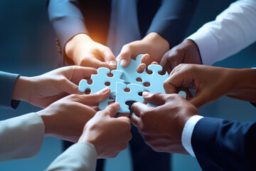 Business hands, puzzle and group of people for solution, teamwork and goals, integration and success. Team building, synergy and collaboration - obrazy, fototapety, plakaty
