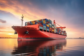 Sunset Shipping: Container Ship on the Ocean