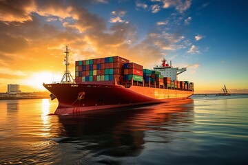 Sunset Shipping: Container Ship on the Ocean