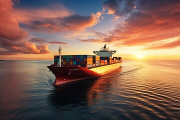 Sunset Shipping: Container Ship on the Ocean