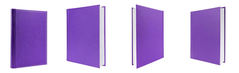 Set of violet book cover mockups, front and side view perspectives, template designs. Isolated on a transparent background. PNG, cutout, or clipping path. - obrazy, fototapety, plakaty
