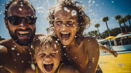 A joyful family is having a fantastic time at the water park. The parents are beaming with delight as they watch their children, their laughter echoing throughout the park. The sun is shining,