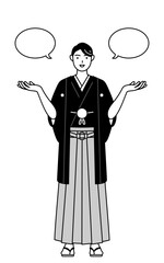 ふきだしつき、比較をする紋付袴姿の男性