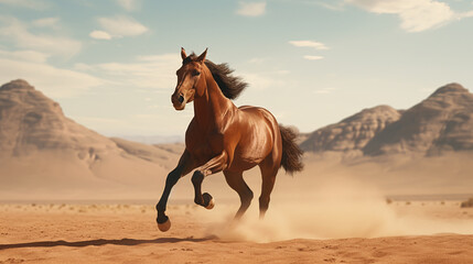 A horse gallops freely in the heart of the vast desert, its powerful muscles propelling it across the endless sea of sand. The animal's mane and tail dance with the wind, and its hooves kick up tiny.