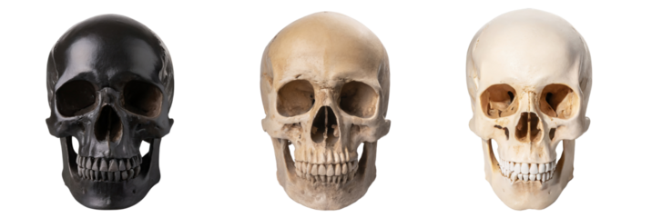 Set of realistic human skulls, isolated on a transparent background with a PNG cutout or clipping path.