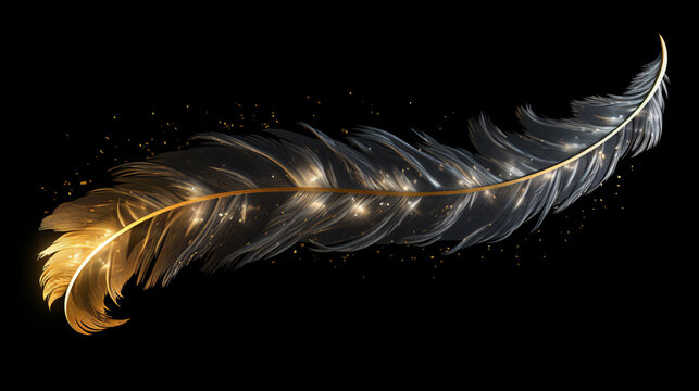 A stunning image emerges with a glowing feather, adorned in shades of gold and silver, set against a sleek black background. This composition is devoid of any additional glowing effects, allowing.
