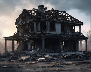 Fototapeta premium War's Devastation: Destroyed Residential Home. generative ai