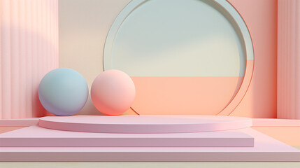The product is elegantly displayed on a pastel-colored background, positioned atop a sleek podium. The soft, muted hues of the background provide a subtle contrast that draws attention to the product.