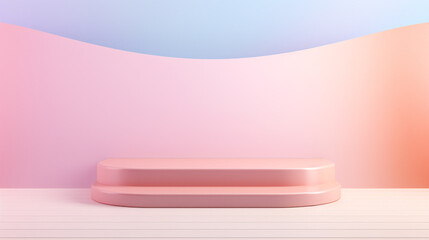The product is elegantly displayed on a pastel-colored background, positioned atop a sleek podium. The soft, muted hues of the background provide a subtle contrast that draws attention to the product.